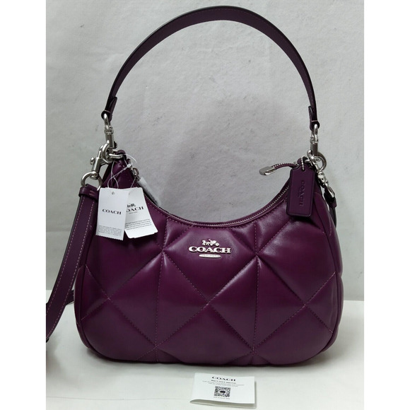 Coach Teri Hobo Diamond Deep Berry Quilted Leather Zipper Shoulder Bag -NWT $528 - Picture 3 of 16